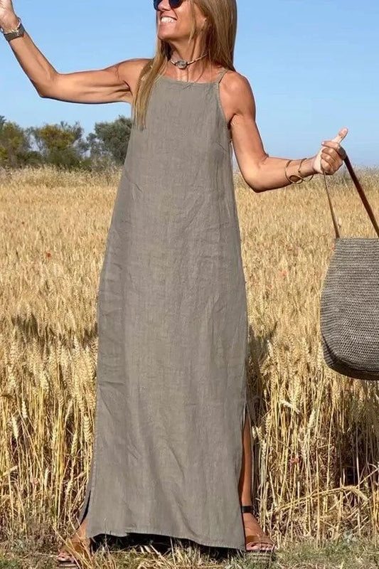 🔥Sommer-Schnäppchen 49% RABATT🔥Lässiges, einfarbiges, ärmelloses Neckholder-Leinenkleid für Damen