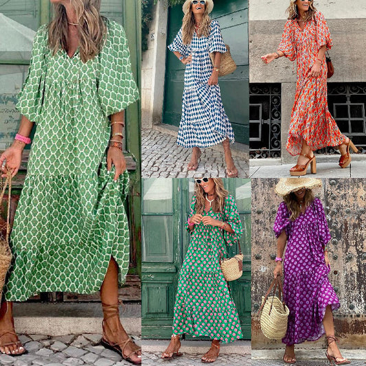 🌸Frühjahrsangebote🌸Elegantes Boho-Maxi-Kleid mit Puffärmeln und Blumenmuster für Damen
