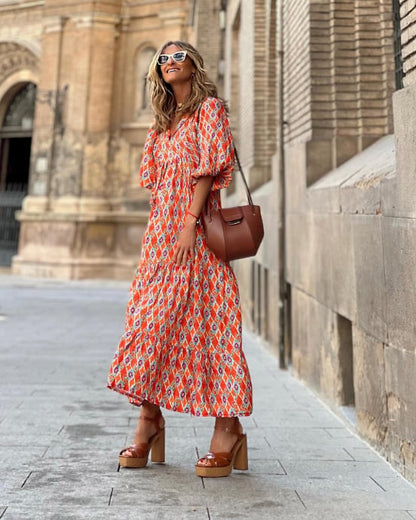🌸Frühjahrsangebote🌸Elegantes Boho-Maxi-Kleid mit Puffärmeln und Blumenmuster für Damen