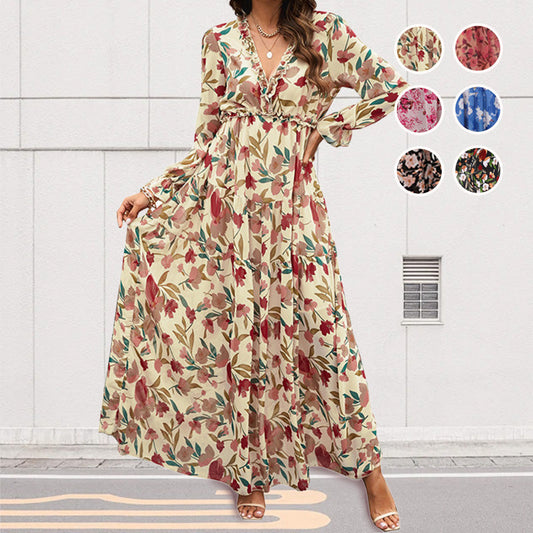 💞Was soll ich morgen anziehen?💞Fließendes Kleid mit Blumenmuster, V-Ausschnitt und langen Ärmeln für Damen