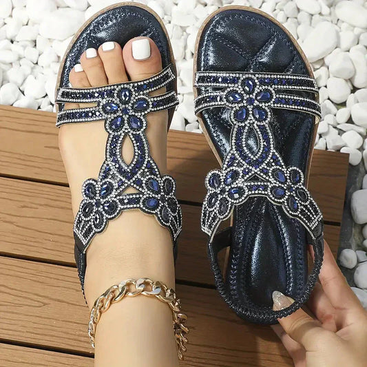 🔥Summer Hot Sale - schickes florales Strass -Flachsandalen mit floralem Strass